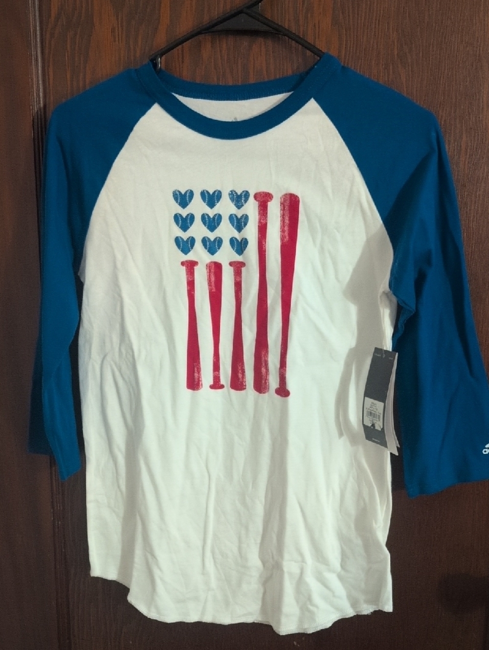 adidas White & Blue Raglan Baseball Graphic Tee